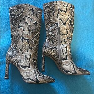 Vince Camuto Snake-Print Pointed Toe Mid-Calf Boots - Brown/Black/Cream